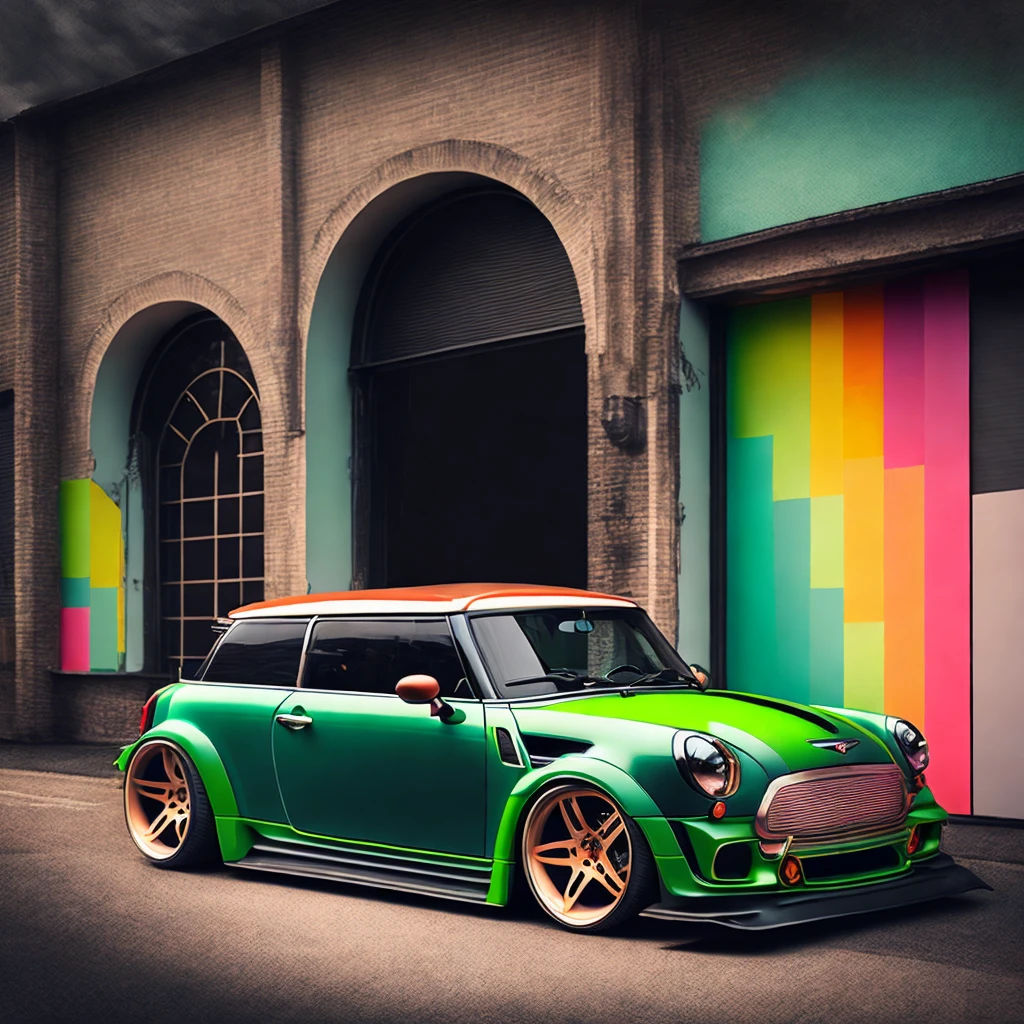 Art for t-shirt graphic design, Bright green F56 Mini Cooper S in tunnel design, shocking colorful painting, highly detailded, swirly vibrant colors , 8K, Spitz, proffesional, clearing, hight contrast, high saturation, , deep, vivid blacks, crystal clearing ((carbon fiber, Kit de corpo ultra largo Liberty walk)), Aggressive pose ((fund: Speedway, outside old industrial style building, large windows in fund, cloudy sky, heavy industrial look, cobble stone Street)), Qualidade 8K, realisitic, 真实感, Spitz, detailded, ultralargo, black and carbon fiber and deep candy green colour scheme, frontal profile, epic stance, Epic Ultra Long Body Kit, super low posture, aggressive looks , Street, fund vintage pastel tone, highly detailded clean, vector image, realisitic masterpiece, proffesional photography, realisitic car, car sunrise fund, flat black fund, isometric, vibrant vector