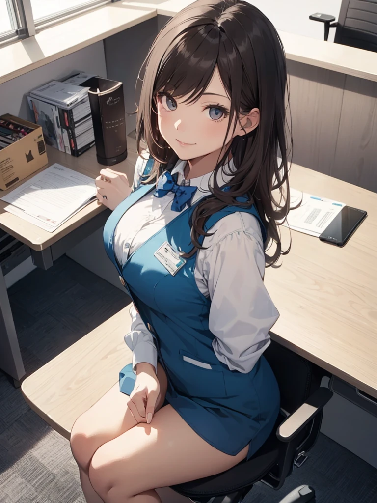 1lady solo, sitting, (from above), office worker, ((blue vest) over white dress shirt), mature female, /(dark brown hair/), kind smile, (masterpiece best quality:1.2) delicate illustration ultra-detailed, large breasts,bowtie BREAK (modern office) indoors, (reception desk), entrance, detailed background