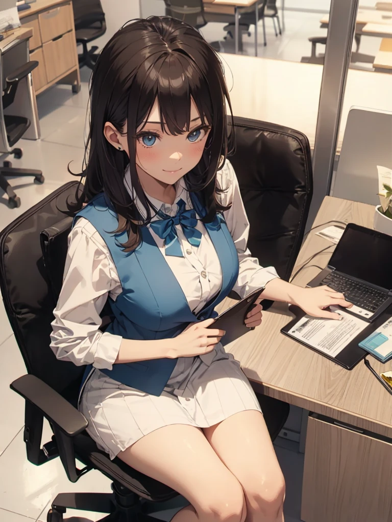 1lady solo, sitting, (from above), office worker, ((blue vest) over white dress shirt), mature female, /(dark brown hair/), kind smile, (masterpiece best quality:1.2) delicate illustration ultra-detailed, large breasts,bowtie BREAK (modern office) indoors, (reception desk), entrance, detailed background