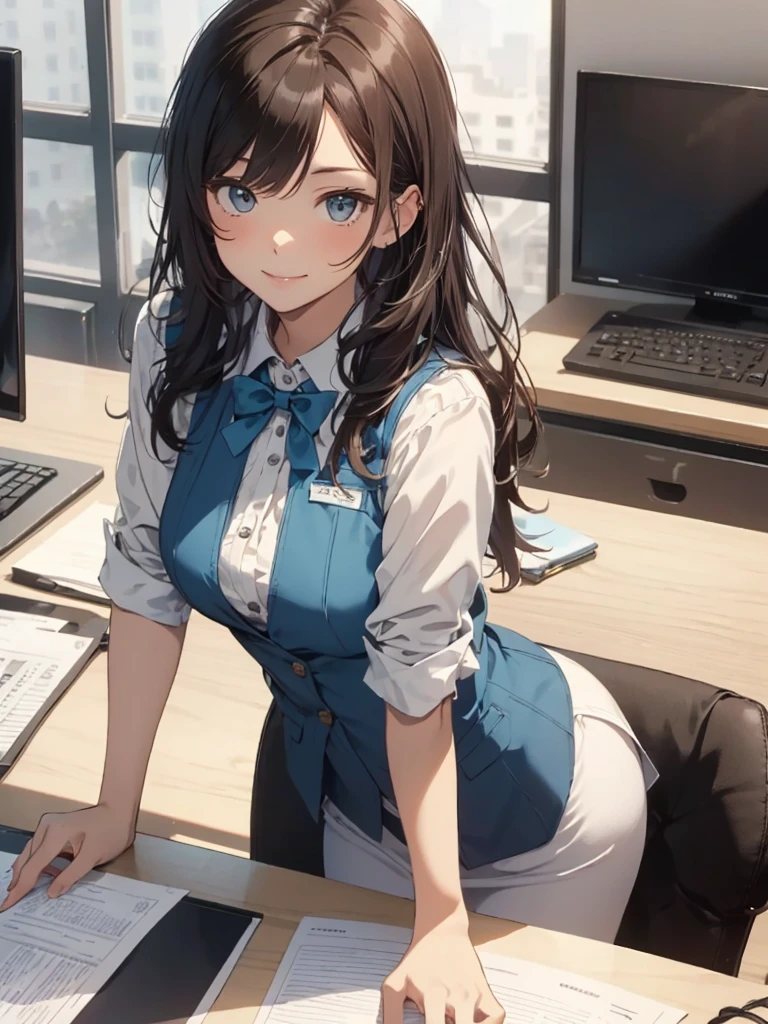 1lady solo, sitting, (from above), office worker, ((blue vest) over white dress shirt), mature female, /(dark brown hair/), kind smile, (masterpiece best quality:1.2) delicate illustration ultra-detailed, large breasts,bowtie BREAK (modern office) indoors, (reception desk), entrance, detailed background