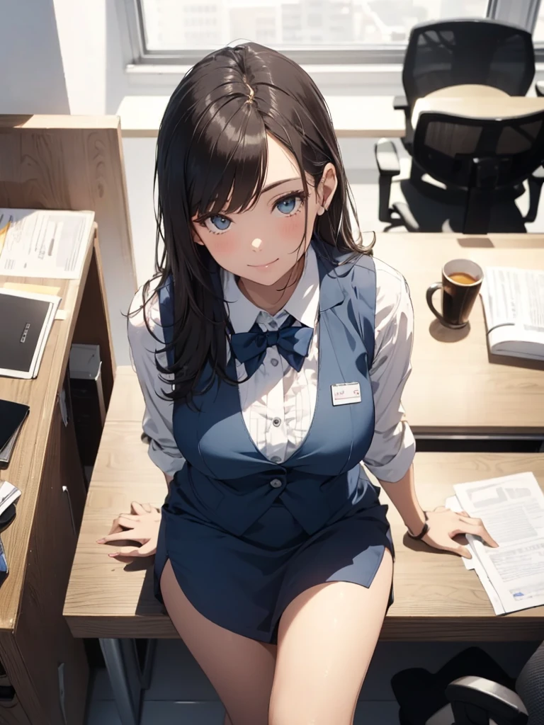 1lady solo, sitting, (from above), office worker, ((blue vest) over white dress shirt), mature female, /(dark brown hair/), kind smile, (masterpiece best quality:1.2) delicate illustration ultra-detailed, large breasts,bowtie BREAK (modern office) indoors, (reception desk), entrance, detailed background