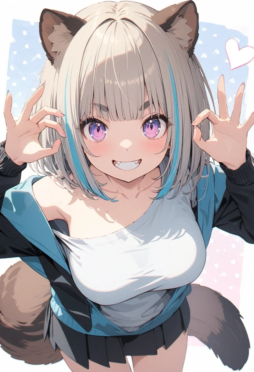 (best quarity,ultra detailed,ultra-high-resolution, absolutely resolution,8k, masterpiece),anime,(pale colors:1.8),long shot, 1girl, solo, cat mouth, dynamic angle, OK sign, grin, smile, opened mouth, all fours, fang,  blue hair, bobcut, straight hair, racoon ears, racoon tail, (brown streaked hair:1.3), (blunt bangs) ,thick eyebrows, big breast, off shoulder clothes, cutout,  striped and heart background, shadow, 