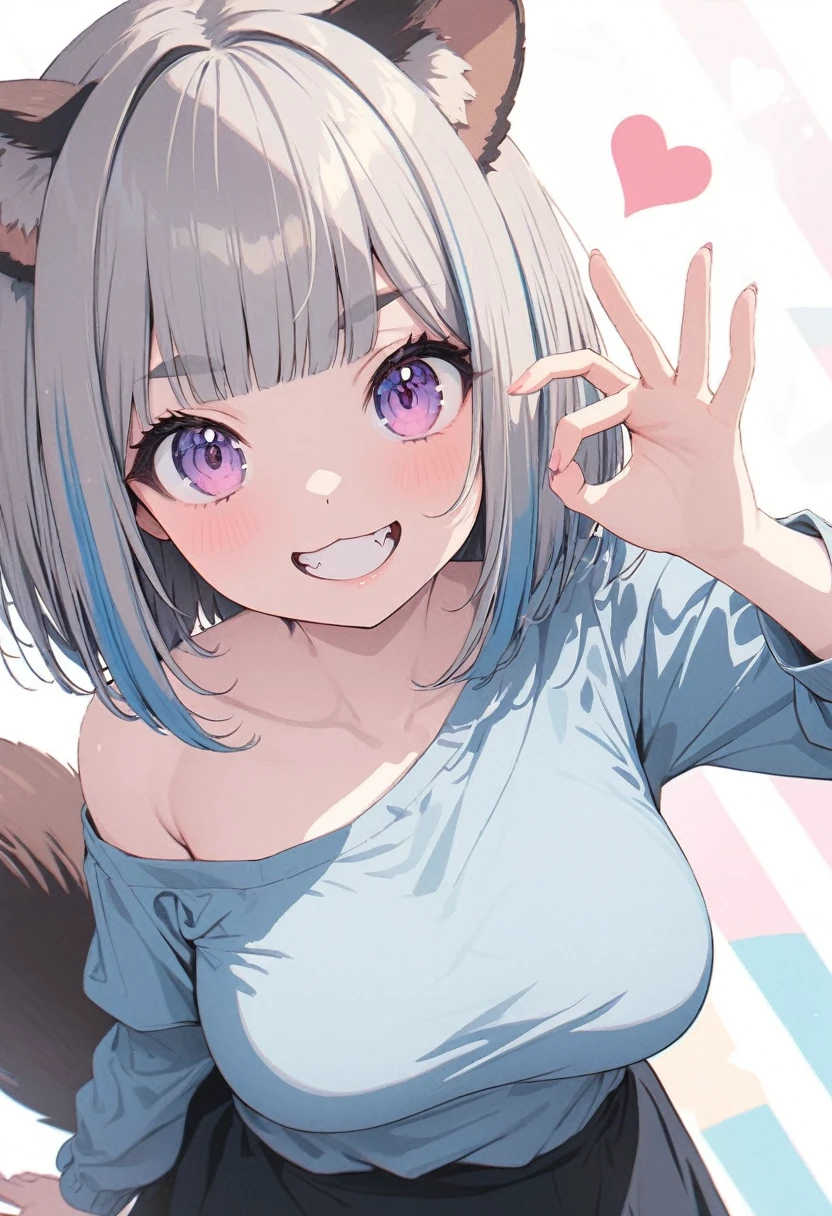 (best quarity,ultra detailed,ultra-high-resolution, absolutely resolution,8k, masterpiece),anime,(pale colors:1.8),long shot, 1girl, solo, cat mouth, dynamic angle, OK sign, grin, smile, opened mouth, fang, blue hair, bobcut, straight hair, racoon ears, racoon tail, (brown streaked hair:1.3), (blunt bangs) ,thick eyebrows, big breast, off shoulder clothes, cutout, striped and heart background, shadow,