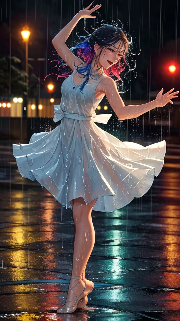 (A close-up of a dancer), (dancing dynamically in the rain), (capturing mid-motion with energy and fluidity), (raindrops on their face and hair), (joyful and expressive face), (wet clothes clinging to their body), (dramatic and powerful pose), (urban night setting), (colorful bokeh lights), (wet pavement reflecting lights), (dramatic lighting highlighting raindrops and movement), (rain creating ripples around their feet)

