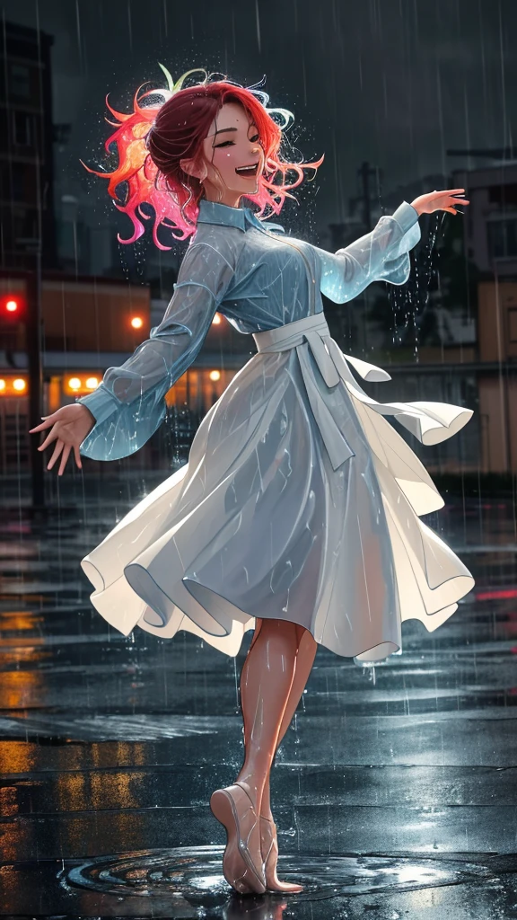 (A close-up of a dancer), (dancing dynamically in the rain), (capturing mid-motion with energy and fluidity), (raindrops on their face and hair), (joyful and expressive face), (wet clothes clinging to their body), (dramatic and powerful pose), (urban night setting), (colorful bokeh lights), (wet pavement reflecting lights), (dramatic lighting highlighting raindrops and movement), (rain creating ripples around their feet)
