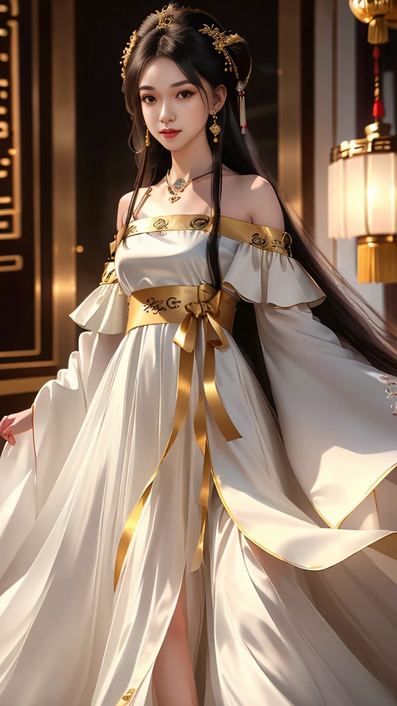 Girl in traditional Chinese clothing, Hanfu, Guzhen Hanfu women, White Hanfu,(long straight black hair:1.5), black eyes, black bun hairstyle, hair accessories ,gold long earrings, Bangle Diameter, Dia Necklace, Clear eyes, Facing forward,put on makeup, Long eyelashes ,(black long shoulder coat:1.5), (Very long skirt, white:1.5), ((Whole body)), ((from below)), Clear face, hair accessoriesจำนวนมาก , (Very beautiful face, Beautiful mouth, beautiful eyes), detailed face, ((Ultra-fine skin)), In the dark, deep shadows, an ancient Chinese girl (Very slim figure 1.3) ,Plump breasts, elegant posture ,(palace in the sky:1.5),