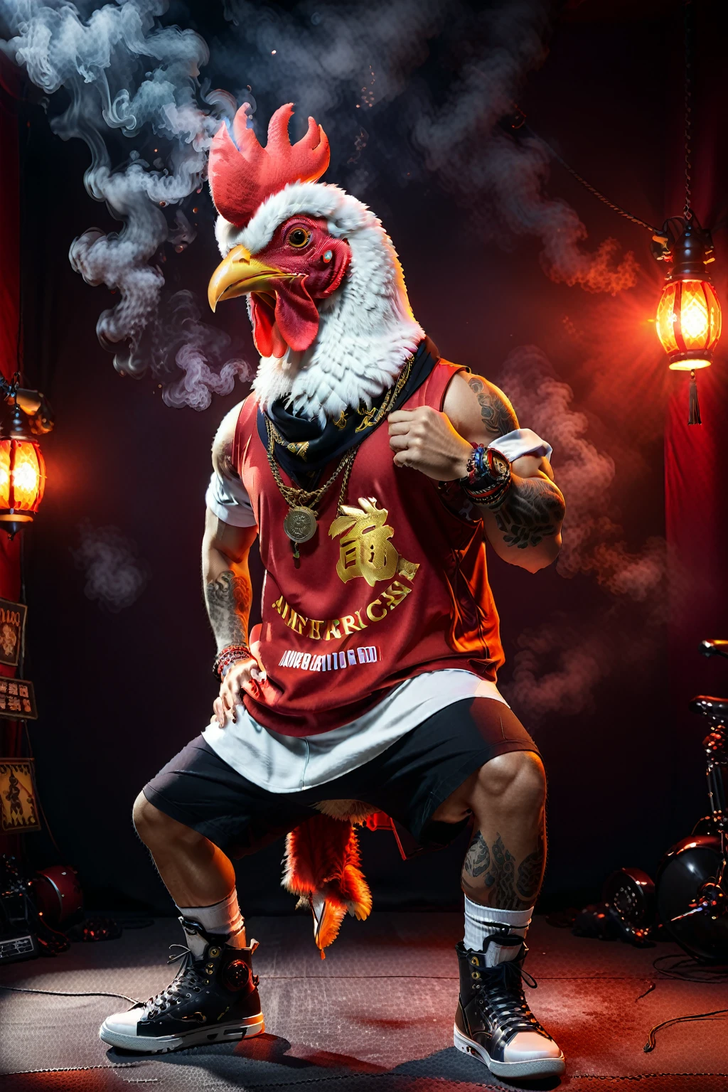 
So you can edit it later、An anthropomorphic chicken wearing a red HIPHOP costume with flashy colorful accessories with a space above its head, striking a unique pose, with a rugged, muscular body, and a mysterious smoke on a red background.、A mysterious red light pierces it. The light also shines on the character, making it clearly visible. Create an image with this composition according to the following rules.。
 High resolution textures、Texture、Realなディテール、
The background is dark、Mysterious and、There is a good atmosphere、Dramatic lighting and high contrast images、Extremely high resolution to create photo-realistic card game patterns。
The design will be surrounded by a border、80 from the center of the space so that the character is not hidden%Please。
Use indirect lighting and textured backgroundake the central character stand out。
Full body portrait、Dynamic pose。
 にかくテクスチャがRealで細かいファッションの服。
Fashionable sneakers、boots、Sandals、hat、Smoke Accessories Necklace、Earrings、ring、bandana car、bike、Tattoos etc.、Choose according to your outfit and mood。
Real、8K




(masterpiece、Highest quality、high detail、超Real:1.2)、 
Anthropomorphic animals、Full body portrait

(Photorealistic:1.4), Cinematic lighting, 8K  UHD、 
Professional Photography、

(詳細な毛皮のTexture:1.3), Expressive eyes、 
Designer clothing、Luxury Brands、 
(Perfect tailoring:1.2), High Fashion Accessor
Moody atmosphere、Dramatic Shadows、 
High contrast lighting、Depth of written boundary、
Film Grain、Color Grading、

(Color Palette：1.3）、（Calm earth colors：1.2）、 
(Rich Brown：1.1）、（Deep Gray：1.1）、（subtle gold accents：1.0）、
(warm color：1.1）、（Color harmony：1.2）、

(Soft diffused lighting：1.2）、（Rim lighting：1.1）、
(Volumetric Lighting:1.0), (Ambient Occlusion:1.1)
