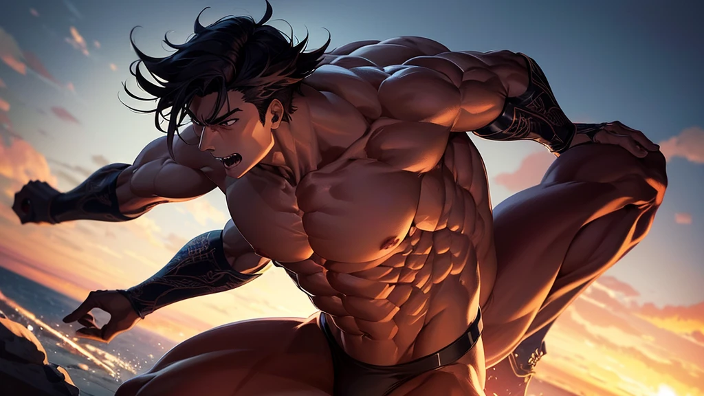 a muscular male anime character, intricate detailed face, sharp jawline, piercing eyes, perfectly sculpted muscles, dynamic action pose, dramatic lighting, cinematic composition, vibrant colors, stunning 8k resolution, digital art, concept art style