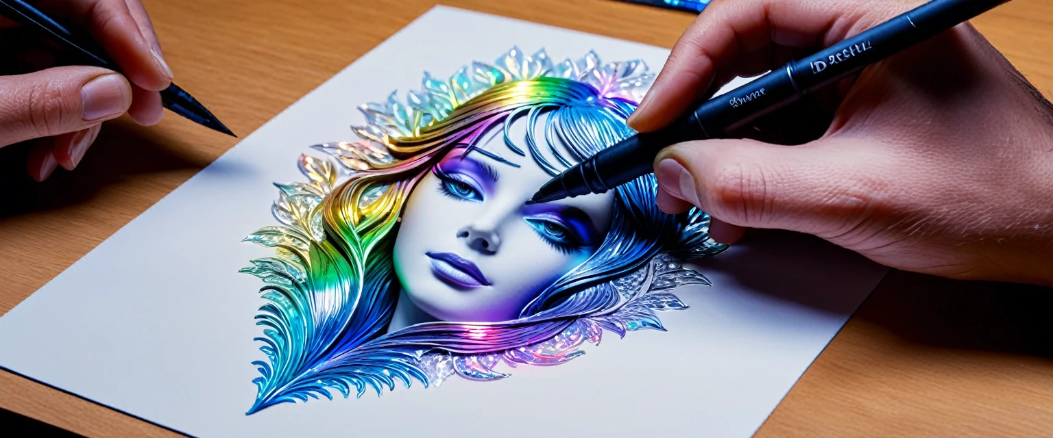 Dessiner une figurine 4D de style encre uhd époustouflante et à couper le souffle, effet  holographique qui semble sortir de la feuille de dessin, dessin extrêmement détaillé, hyperréaliste, Des détails sublimes. Un travail vraiment remarquable, travail joyeux et sensuel