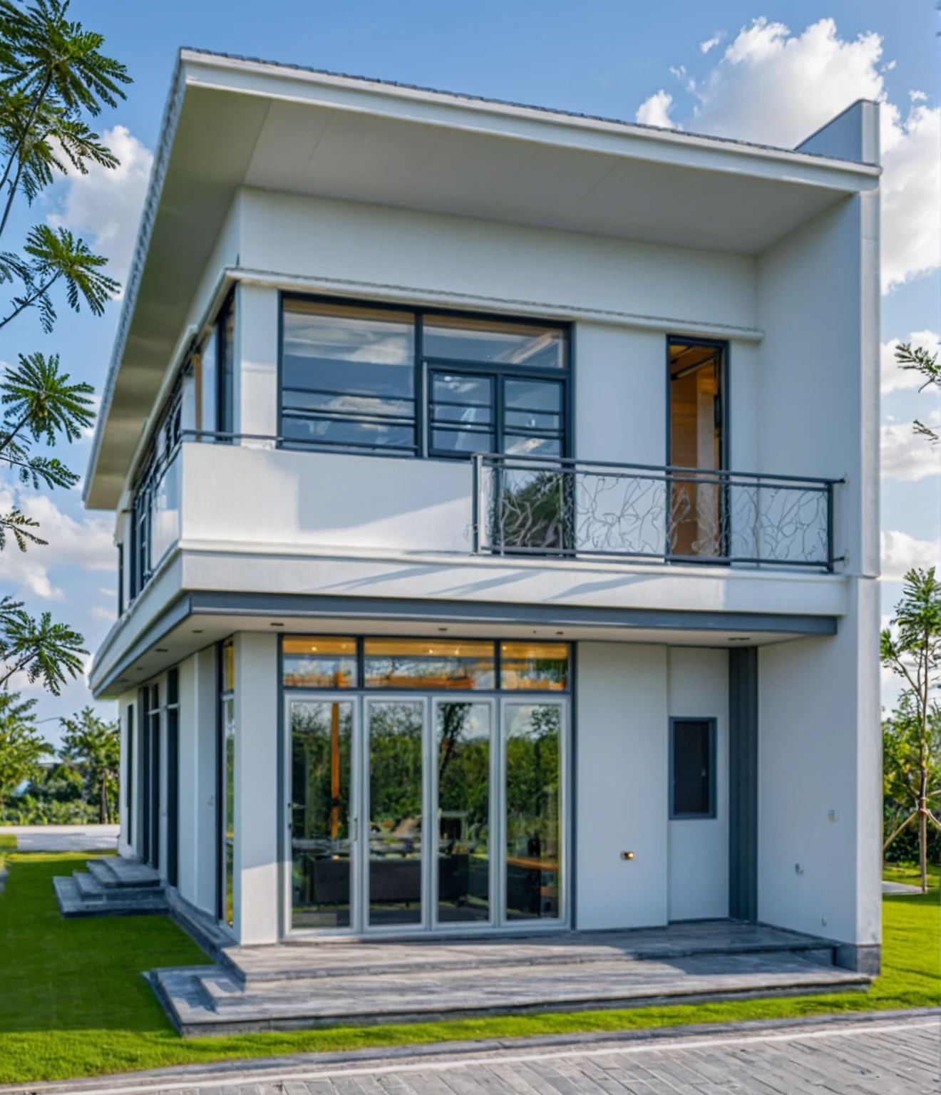 Masterpiece, high quality, best quality, authentic, super detail, outdoors, onestoreyvillaXL, aiaigroup, house style modern on the street ,stairs, white wall ,road,pavement, grass, trees, sky, cloud, (daylight:1.1)