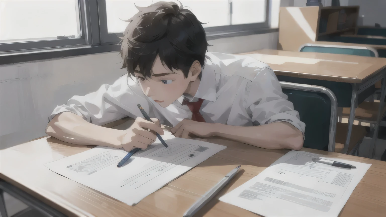 High resolution,There is a test paper on the desk2Sheet,On that paper1There are book pencils and mechanical pencils.。A high school boy is solving a problem