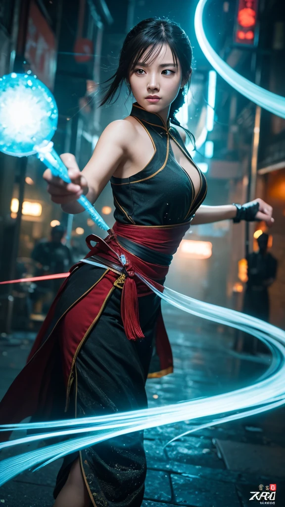 Spectacular water bending shots, in front, Award-winning photo, wuxia, Beautiful Chinese Woman,Focus on the face, Photorealistic eye style, Bokeh,Surrealistic illustration style, Super detailed, Cinematic Screenshots Unreal Engine, Zbrush3DアートVray,Glow Particles,Post Effects,Optical flare --niji 5 --style expressive --s 400