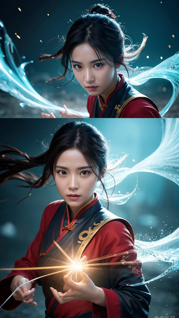 Spectacular water bending shots, in front, Award-winning photo, wuxia, Beautiful Chinese Woman,Focus on the face, Photorealistic eye style, Bokeh,Surrealistic illustration style, Super detailed, Cinematic Screenshots Unreal Engine, Zbrush3DアートVray,Glow Particles,Post Effects,Optical flare --niji 5 --style expressive --s 400