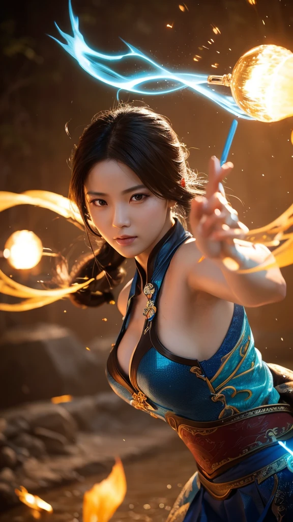 Spectacular water bending shots, in front, Award-winning photo, wuxia, Beautiful Chinese Woman,Focus on the face, Photorealistic eye style, Bokeh,Surrealistic illustration style, Super detailed, Cinematic Screenshots Unreal Engine, Zbrush3DアートVray,Glow Particles,Post Effects,Optical flare --niji 5 --style expressive --s 400