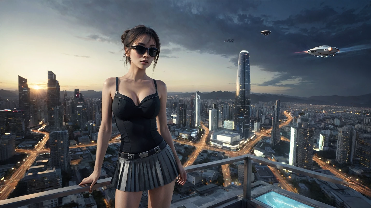 (((At night, ((very dark sunset sky)), (((1girl, solo))), a western woman, photo realistic, large-breast:1.2 slim body, cleavage, off tube top, short pleated miniskirt, standing on rooftop, matrix style black sunglasses, (shooting with a short gun), half-body thigh level medium:1.2 shot))). In the background, simple aerial view of a sci-fi futuristic city, (((flying vehicle speeding towards camera))).