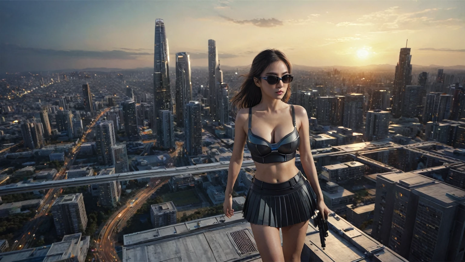 (((At night, ((very dark sunset sky)), (((1girl, solo))), a western woman, photo realistic, large-breast:1.2 slim body, cleavage, off tube top, short pleated miniskirt, standing on rooftop, matrix style black sunglasses, (shooting with a short gun), half-body thigh level medium:1.2 shot))). In the background, simple aerial view of a sci-fi futuristic city, (((flying vehicle speeding towards camera))).