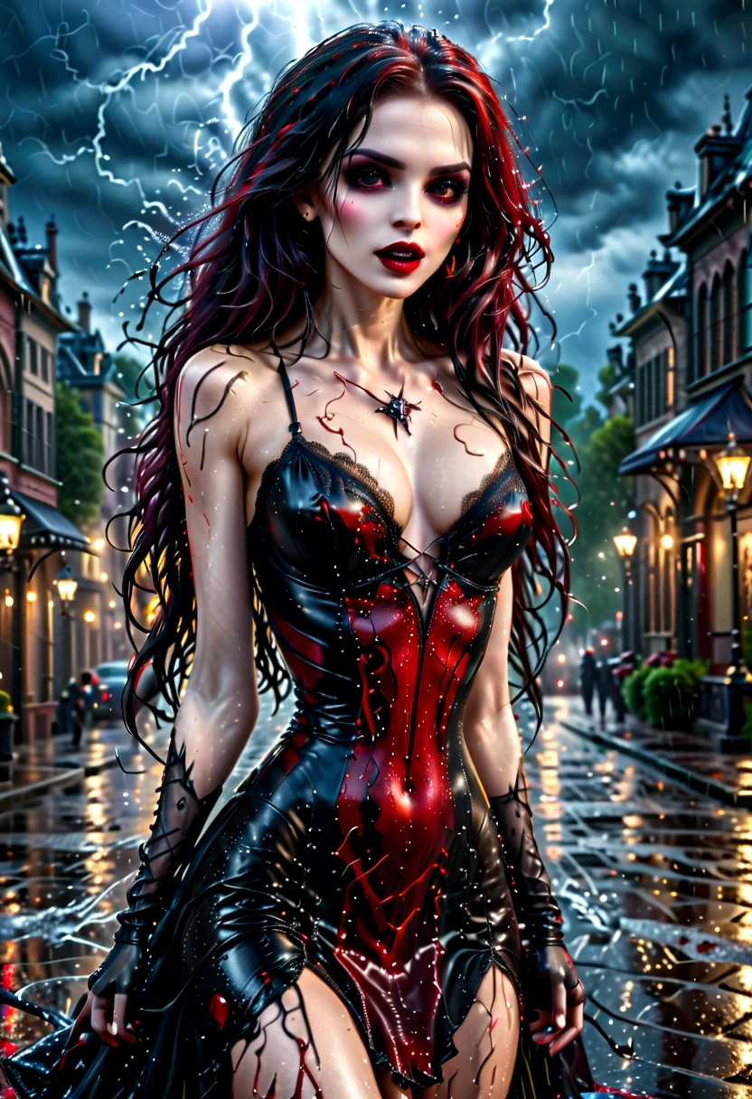 a female vampire (dancing: 1.3) in the rain during lightning storm, goth art, dark fantasy art, glamours (vampire: 1.5) model shot, RAW, award winning picture of a female vampire, dynamic hair color, dynamic hair style, pale skin, full body, busty woman, (most beautiful face: 1.3), (ultra detailed face: 1.2), long hair, wavy hair, pale skin, wet hair,  wearing lace dress, wet dress, dynamic color, dynamic style dress, (intense detailed dress: 1.3), wearing intricate high heels, light make up, modern day high society street in a (lightning: 1.3) storm heavy rain, sense of glorified sensation in the storm, (anatomically correct: 1.4), (full body shot: 1.1) , vibrant, Ultra-high resolution, High Contrast, (masterpiece:1.5), highest quality, Best aesthetics), best details, best quality, highres, ultra wide angle, 16k, [ultra detailed], masterpiece, best quality, (extremely detailed), Intense Gaze, goth person, dark person