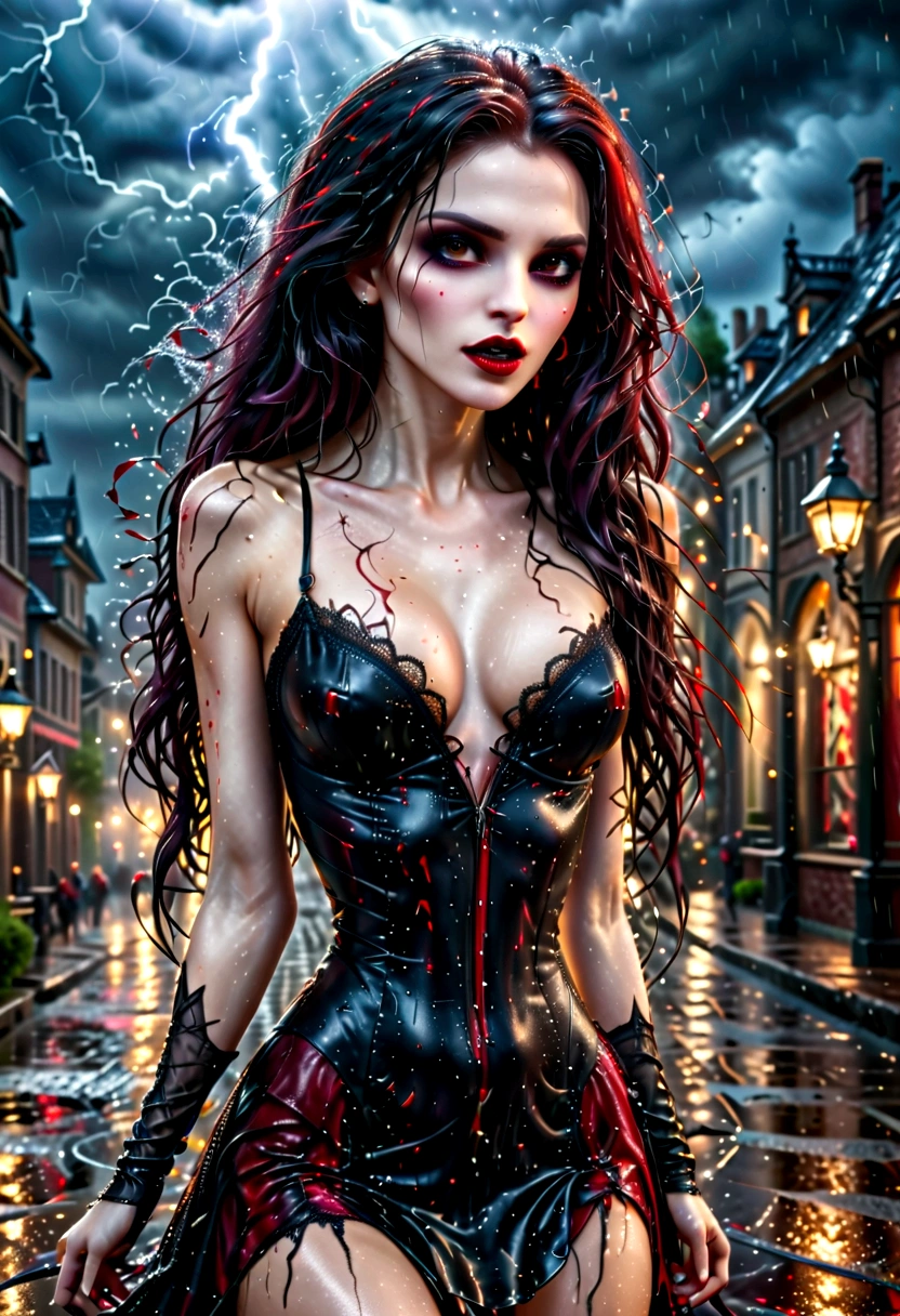 a female vampire (dancing: 1.3) in the rain during lightning storm, goth art, dark fantasy art, glamours (vampire: 1.5) model shot, RAW, award winning picture of a female vampire, dynamic hair color, dynamic hair style, pale skin, full body, busty woman, (most beautiful face: 1.3), (ultra detailed face: 1.2), long hair, wavy hair, pale skin, wet hair,  wearing lace dress, wet dress, dynamic color, dynamic style dress, (intense detailed dress: 1.3), wearing intricate high heels, light make up, modern day high society street in a (lightning: 1.3) storm heavy rain, sense of glorified sensation in the storm, (anatomically correct: 1.4), (full body shot: 1.1) , vibrant, Ultra-high resolution, High Contrast, (masterpiece:1.5), highest quality, Best aesthetics), best details, best quality, highres, ultra wide angle, 16k, [ultra detailed], masterpiece, best quality, (extremely detailed), Intense Gaze, goth person, dark person