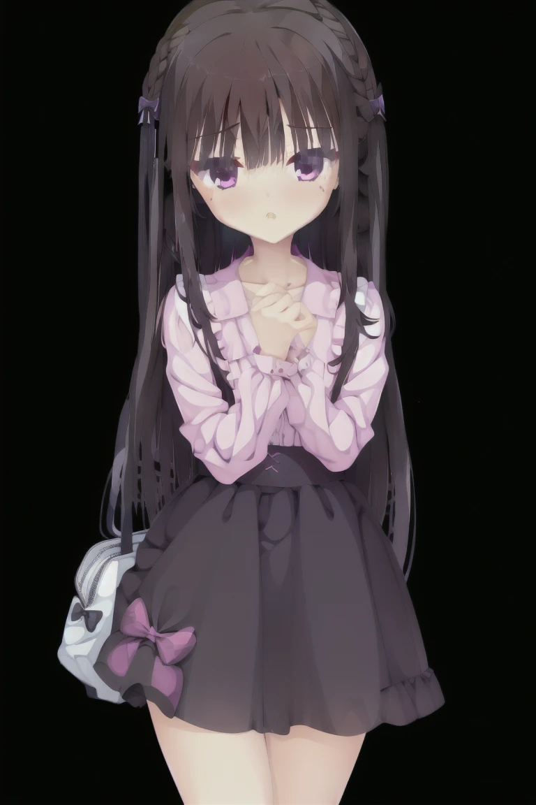 1girl,独奏,long_hair,blush,bangs,skirt,shirt,black_hair,long_sleeves,bow,very_long_hair,purple_eyes,hair_bow,frills,puffy_sleeves,collared_shirt,black_skirt,bag,two_side_up,v-shaped_eyebrows,dress_shirt,black_bow,depth_of_field,lace_trim,puffy_long_sleeves,pink_shirt,emphasis_lines,jiraikei_fashion,Character portrait, whole body, expensive_solve, clear_image, expensive_Contrast, 8K, Sparkling, beautiful_detailed_face_and_eye, (Brown Hair:1.25), 白 eye,Black background,full body, Character portrait, whole body, expensive_solve, clear_image, expensive_Contrast, 8K, Sparkling, beautiful_detailed_face_and_eye, (Black Hair:1.25), 白 eye,Black background
