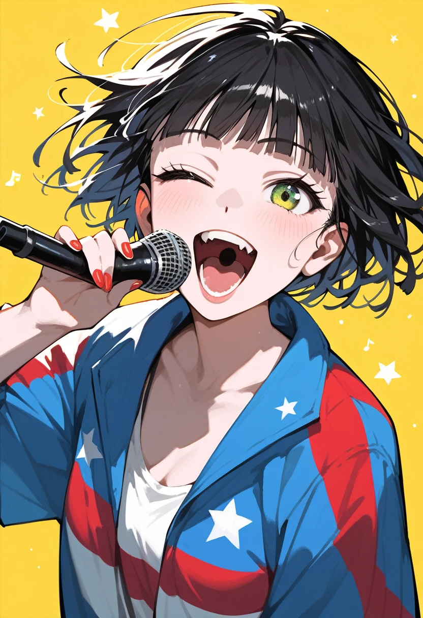 1girl, style:inu totemo,looking at viewer, singing, american shout