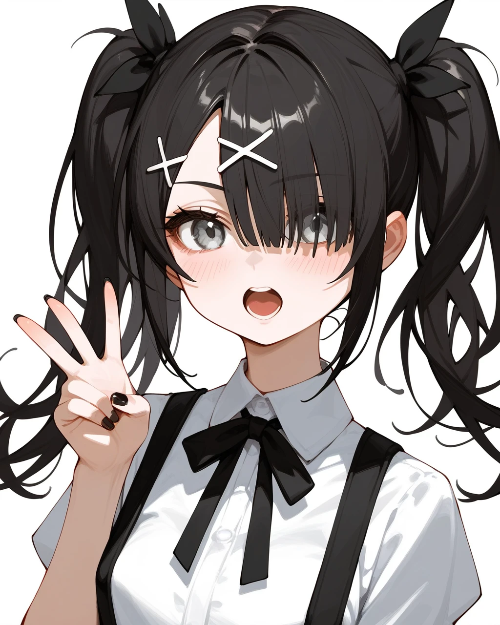 masterpiece,best quality,ame-chan \(needy girl overdose\),1girl,solo,black hair,twintails,v,hair over one eye,black ribbon,white background,open mouth,simple background,upper body,x hair ornament,black nails,neck ribbon,looking at viewer,blush,nail polish,suspenders,grey eyes,bangs,:d,hairclip,red sh,