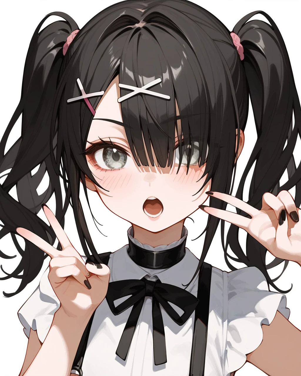 masterpiece,best quality,ame-chan \(needy girl overdose\),1girl,solo,black hair,twintails,v,hair over one eye,black ribbon,white background,open mouth,simple background,upper body,x hair ornament,black nails,neck ribbon,looking at viewer,blush,nail polish,suspenders,grey eyes,bangs,:d,hairclip,red sh,