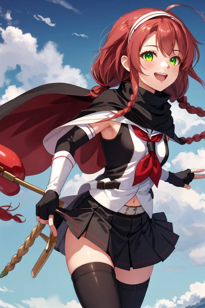 Highest quality, masterpiece, High resolution, 一人in, {Sichuan wind_Kantai Collection:1.15}, length_hair, red_hair, ribbon, hairband, hair_ribbon, 前hair, Ahoge, twintails, Side Lock, low_twintails, asymmetrical_前hair, very_length_hair, smile, green_eye, Seraphim, Sleeveless, hair_flap, 1 Girl, black_gloves, Braiding, Cape, elbow_gloves, fingerless_gloves, gloves, looking for_in_Audience, scarf, School_uniform, twin_Braidings, yellow_eye, neckerchief, skirt, torpedo, mechanical, Open_mouth, pleined_skirt