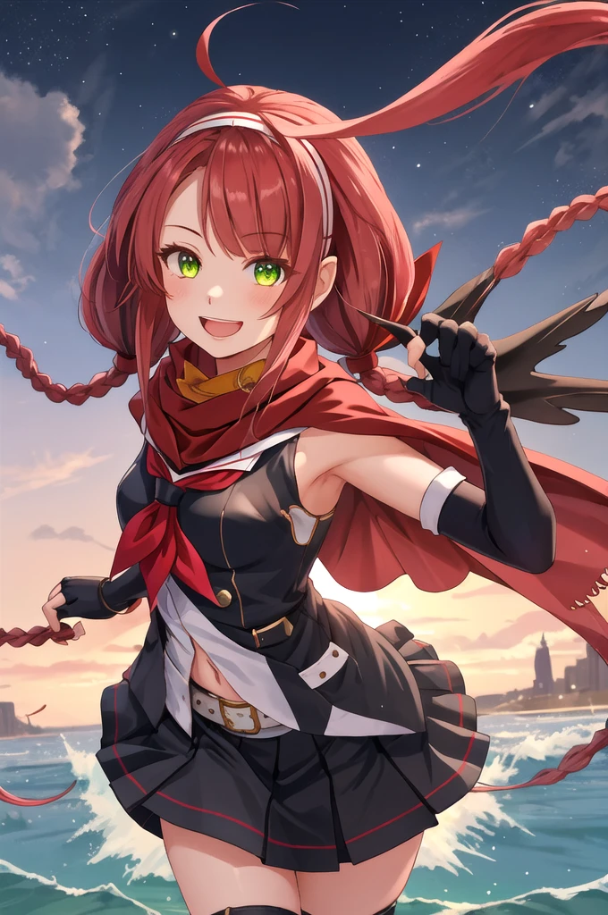 Highest quality, masterpiece, High resolution, 一人in, {Sichuan wind_Kantai Collection:1.15}, length_hair, red_hair, ribbon, hairband, hair_ribbon, 前hair, Ahoge, twintails, Side Lock, low_twintails, asymmetrical_前hair, very_length_hair, smile, green_eye, Seraphim, Sleeveless, hair_flap, 1 Girl, black_gloves, Braiding, Cape, elbow_gloves, fingerless_gloves, gloves, looking for_in_Audience, scarf, School_uniform, twin_Braidings, yellow_eye, neckerchief, skirt, torpedo, mechanical, Open_mouth, pleined_skirt