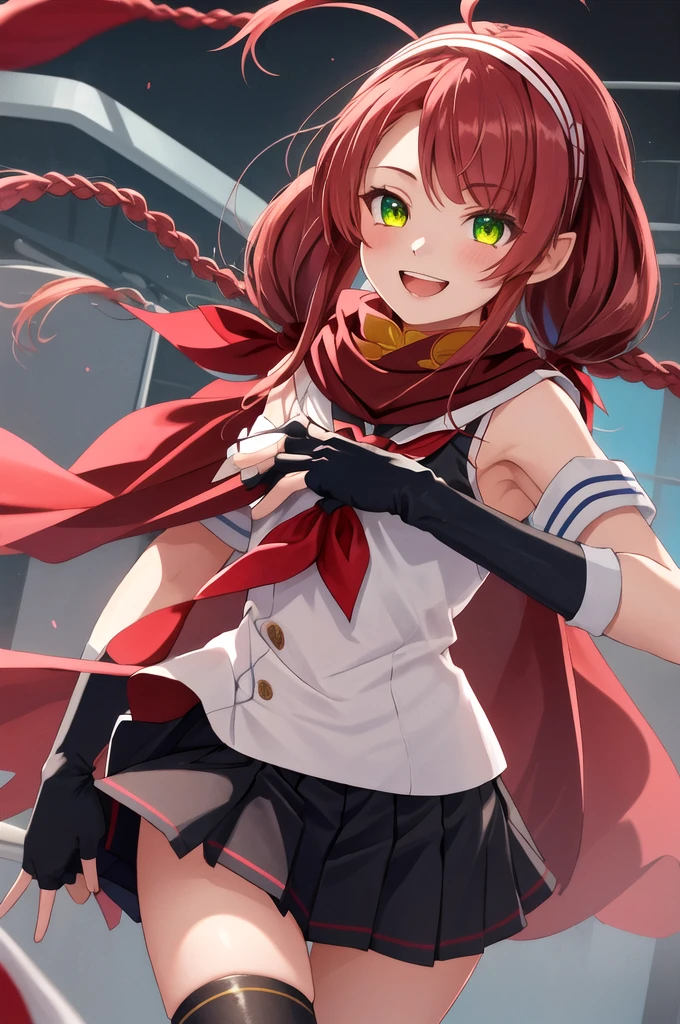 Highest quality, masterpiece, High resolution, 一人in, {Sichuan wind_Kantai Collection:1.15}, length_hair, red_hair, ribbon, hairband, hair_ribbon, 前hair, Ahoge, twintails, Side Lock, low_twintails, asymmetrical_前hair, very_length_hair, smile, green_eye, Seraphim, Sleeveless, hair_flap, 1 Girl, black_gloves, Braiding, Cape, elbow_gloves, fingerless_gloves, gloves, looking for_in_Audience, scarf, School_uniform, twin_Braidings, yellow_eye, neckerchief, skirt, torpedo, mechanical, Open_mouth, pleined_skirt