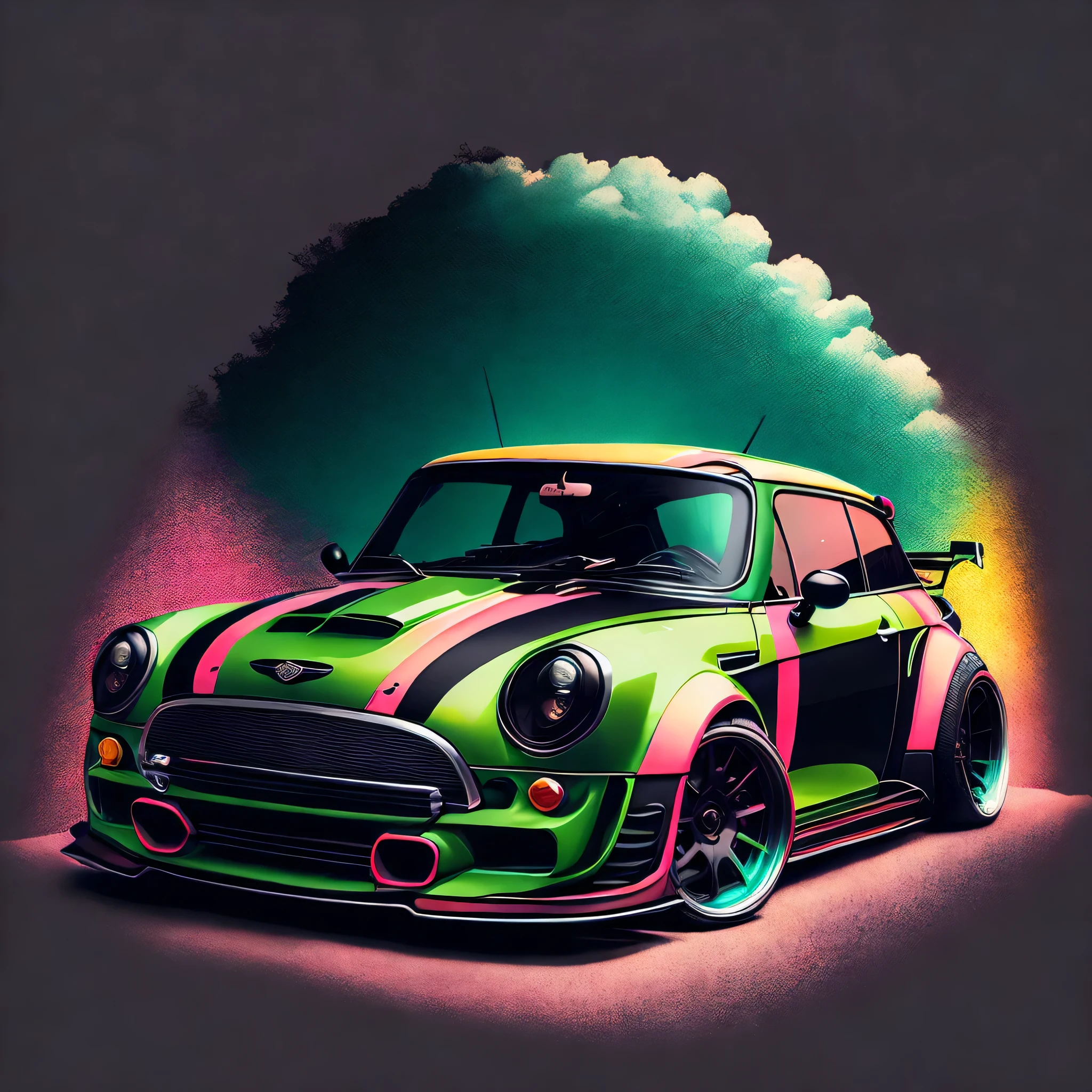 Art for t-shirt graphic design, Bright green F56 Mini Cooper S in tunnel design, shocking colorful painting, highly detailded, swirly vibrant colors , 8K, pointed, professional, clearing, hight contrast, high saturation, , deep, vivid blacks, crystal clearing ((carbon fiber, Kit de corpo ultra largo Liberty walk)), Aggressive pose ((fund: Speedway, outside old industrial style building, large windows in fund, cloudy sky, heavy industrial look, cobble stone Street)), 8 k quality, realisitic, Reality, pointed, detailded, ultralargo, black and carbon fiber and deep candy green colour scheme, frontal profile, epic stance, Epic Ultra Long Body Kit, super low posture, aggressive looks , Street, fund vintage pastel tone, highly detailded clean, vector image, realisitic masterpiece, professional photography, realisitic car, car sunrise fund, flat black fund, isometric, Vibrant vector