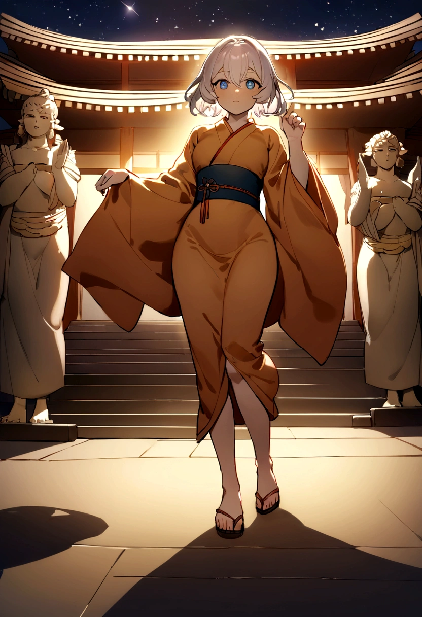 (​masterpiece, detailed shadows, detailed background, Ultra-detail, detailed lighting, detailed shadows, expressive, detailled eyes), A monk in tight Japanese monk robes, With long, decorated white hair.  She stands in front of a Japanese temple at night. The moonlight shines brightly and the night sky with stars can be seen. Her face is full of joy, when she receives a divine introduction. The statues of the gods, who she adores, begin to shine. The stars are reflected in her eyes.  Best camera view. , Not suitable for work