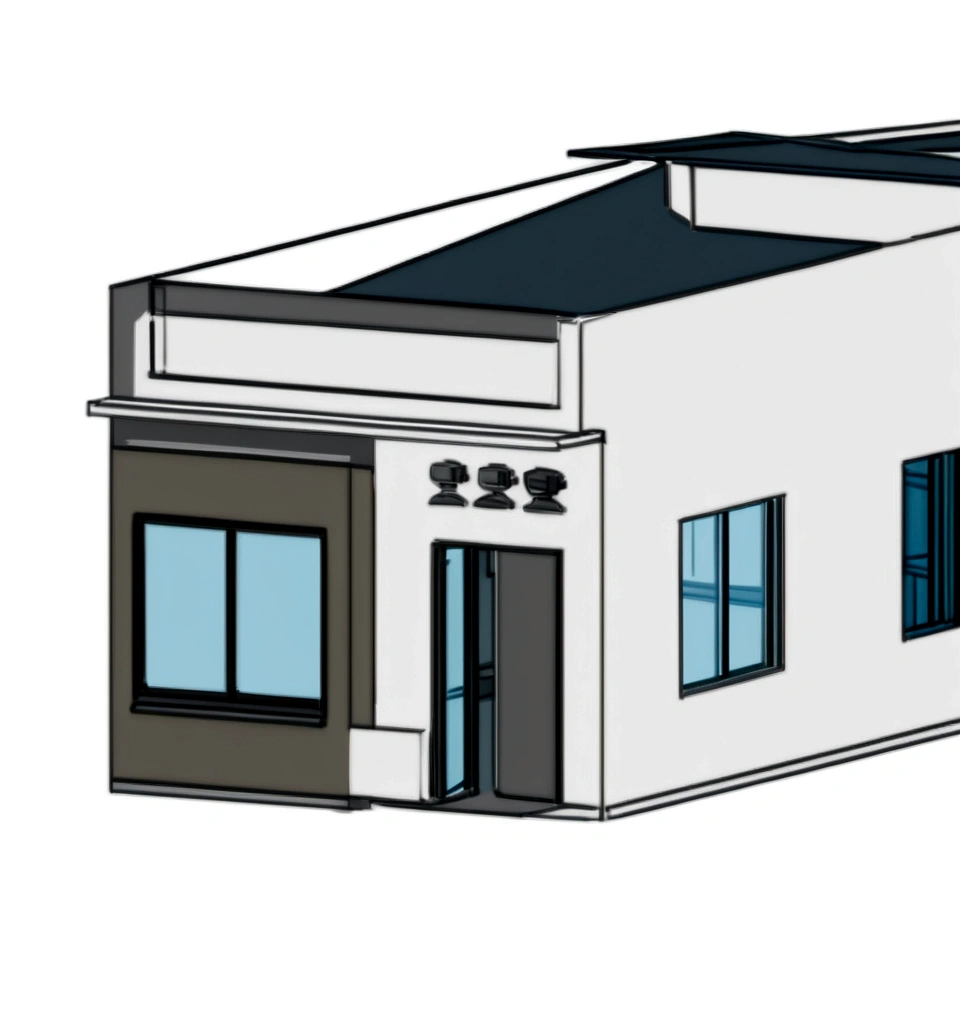 Facade with 2 colours, grass ìn front and side