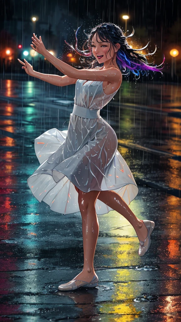 (A close-up of a dancer), (dancing dynamically in the rain), (capturing mid-motion with energy and fluidity), (raindrops on their face and hair), (joyful and expressive face), (wet clothes clinging to their body), (dramatic and powerful pose), (urban night setting), (colorful bokeh lights), (wet pavement reflecting lights), (dramatic lighting highlighting raindrops and movement), (rain creating ripples around their feet)
