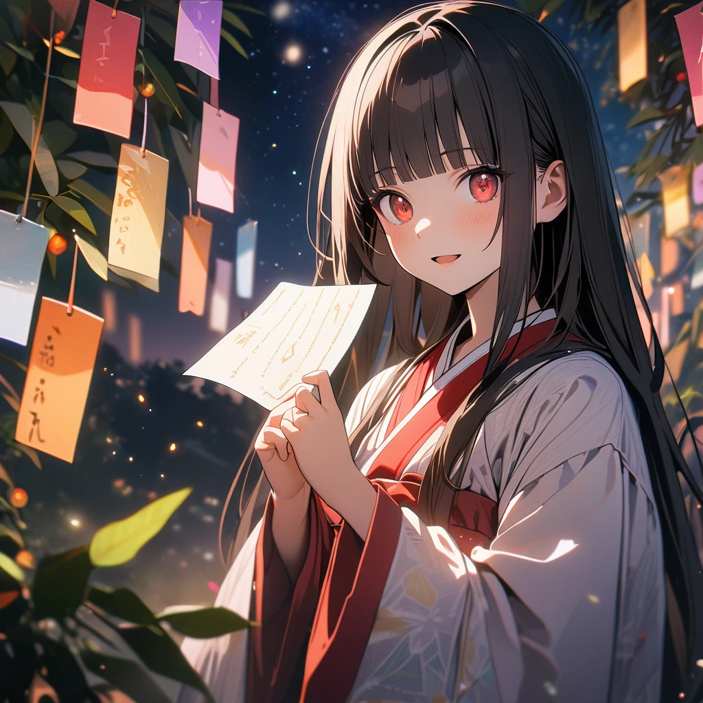 (8K, best quality, master piece: 1.2), super high resolution,1 girl,solo,,ultra-detailed face,detailed eyes,red eyes,black hair,blunt bangs,Straight hair,Long hair,light smile, open mouth,Hanfu,The girl holding a wish paper with the Three 7 written on it,Tanabata Festival, Milky Way, night view, rim light,large tall bamboos and colorful hanging decoration