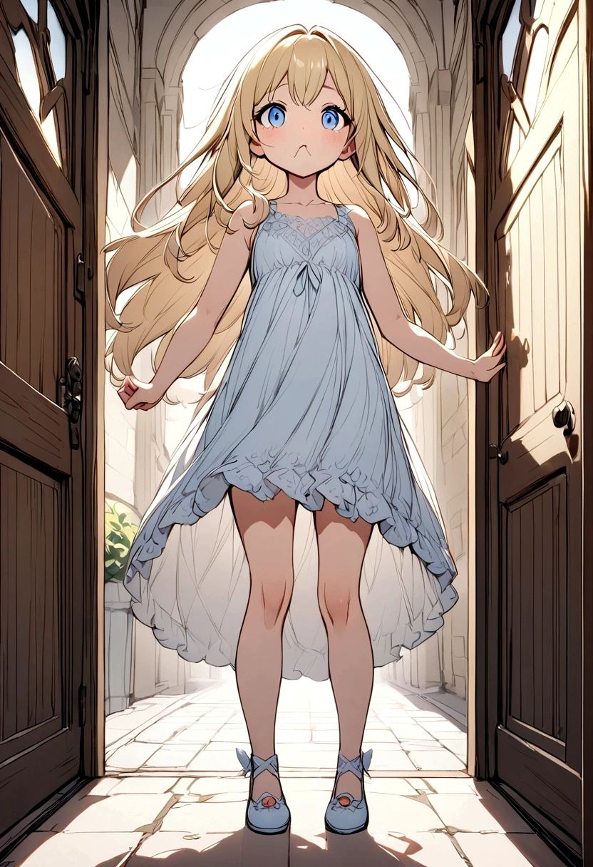 Anime. Baby. Princess. Blonde. Long hair. Blue eyes. Beautiful eyes. Light dress. Shoes. Cold. Runny nose. Snot. Nasal mucus. Sneeze. Sneezing. Sneezes. Snot flows from the nose. Wants to chug. I have to sneeze. Very strong desperate desire to sneeze. She sneezed. She sneezed. She sneezes while standing. Fantasy city. Lock. Corridor . At the entrance to the toilet. Full height. Standing. Full body.