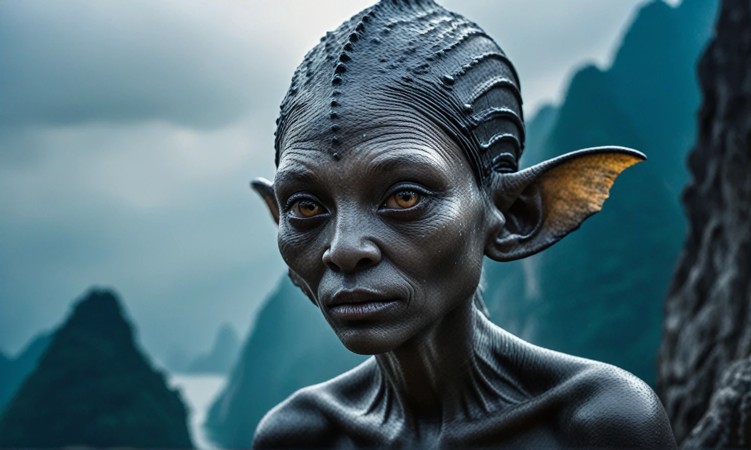 full body shot,beggar deep niobium paladium The Alien Entity,native italian babychild, wants eat,survival in criminal city of future, Technicolor,natural skin textures, hyper realism, hyper detailed,Extremely detailed,High contrast,Masterpiece,Realistic,Ultra Detailed, intricate details,realistic humid leather,extremly intricate,Epic Realistic, cinematic style,irina yermolova,high contrast,hdr,extremely detailed, deep night landscape,masterpiece,intricate details,faded,eyes extremely detailed, high detailed eyes,8k resolution,RAW,retina, Nikon Z9,China,orc,Li River in Guangxi Zhuang of China,tkt style, pointed ears,perfect, Elf,transition between two art styles, Ink painting to photorealism, Double contact, X-ray, Creative, vivid light, masterpiece, fantasy, Abstract, Surrealism, super detailed, high resolution, stop:35;(((creature with a spectral and ghostly appearance)). Her skin is pale, almost translucent,ancient rock paintings of the first people,sharkfish's leather
