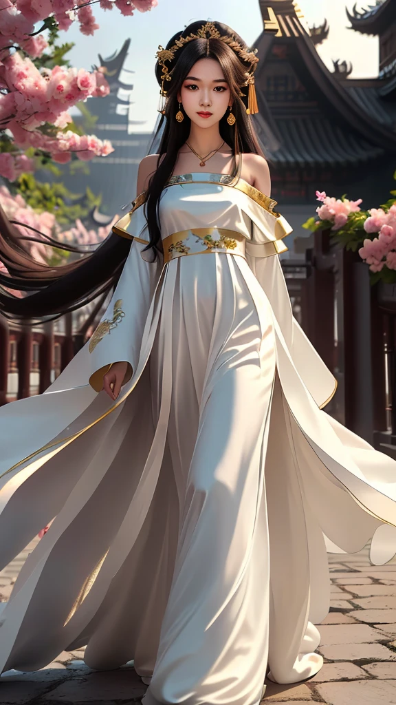 Girl in traditional Chinese clothing, Hanfu, Guzhen Hanfu women, White Hanfu,(long straight black hair:1.5), black eyes, black bun hairstyle, hair accessories ,gold long earrings, Bangle Diameter, Dia Necklace, Clear eyes, Facing forward,put on makeup, Long eyelashes ,(black long shoulder coat:1.5), (Very long skirt, white:1.5), ((Whole body)), ((from below)), Clear face, hair accessoriesจำนวนมาก , (Very beautiful face, Beautiful mouth, beautiful eyes), detailed face, ((Ultra-fine skin)), In the dark, deep shadows, an ancient Chinese girl (Very slim figure 1.3) ,Plump breasts, elegant posture ,(palace in the sky:1.5), There is a red flower spot on the forehead.