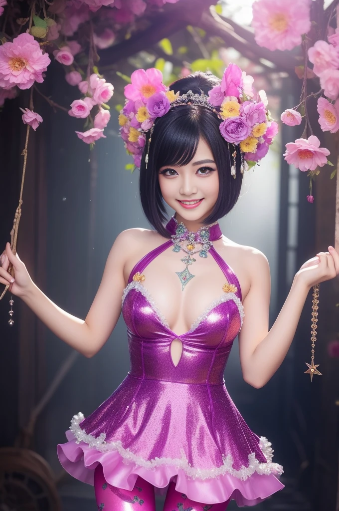 sexy Thai model who controls poison、smiling face、lipgloss、long lashes、gothic makeup、look at the camera、full body Esbian、、sparkling poisoned flower costume、、、、sparkling Colorful short hair、secrete poison、skull hair accessories、ultra detailed tights、shiny sparkling flowers background