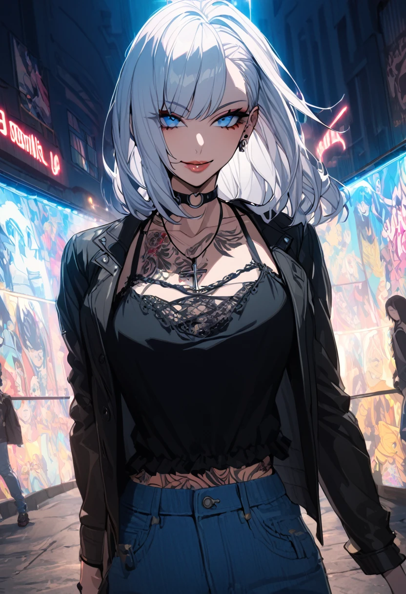 1womanl, Holo-Punk style, Milf Hair White Hair, blue colored eyes, aretes, eyelash, ssmile, beachfront, jewerly, lips, make up, cross necklace, chemise, shorth hair, manga curta, ssmile, standing alone, open black jacket, chemise branca , tatoo, large breasted, teeths, denim trousers, black chemise, Fake Falcon, punk aesthetic, cinematic angle, foreshortening, tenebrosa, tenebrosa background, cinematic lighting, work of art, best qualityer