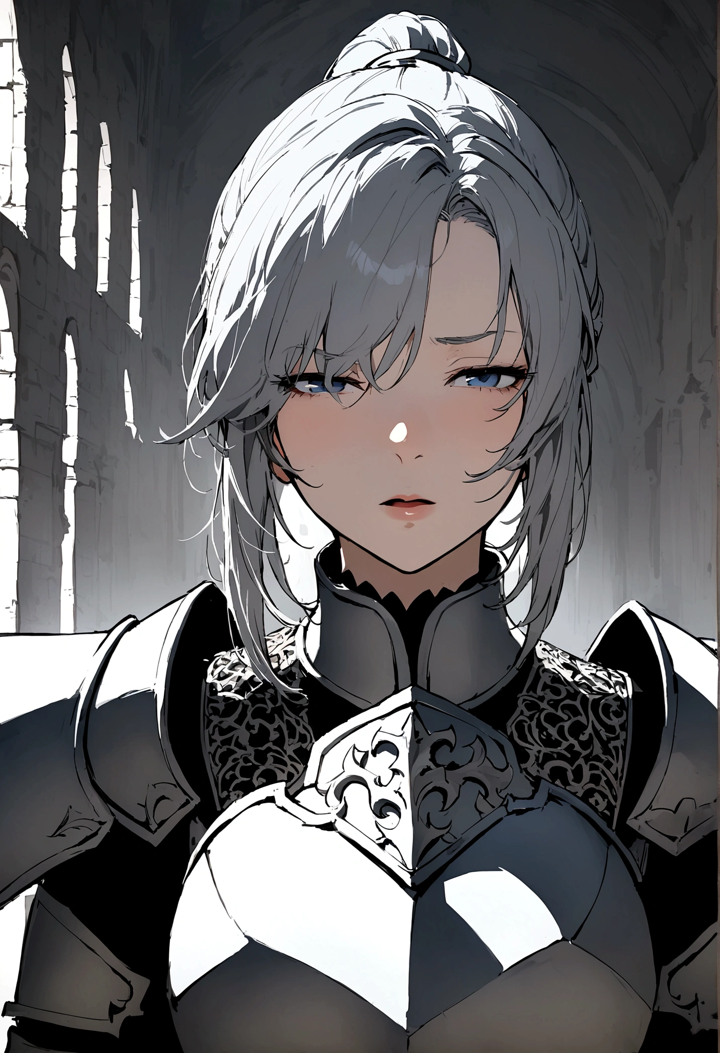 Beautiful girl knight in armor, Gray Hair, tsurime, fantastic, Face your body forward like a certificate photo, shoot from front, Ponytail, Armor Girl, beautiful female knight, Female Paladin, pale blue eyes, narrowed eyes squint, Talking mouth, upper body shot, draw all of the upper body