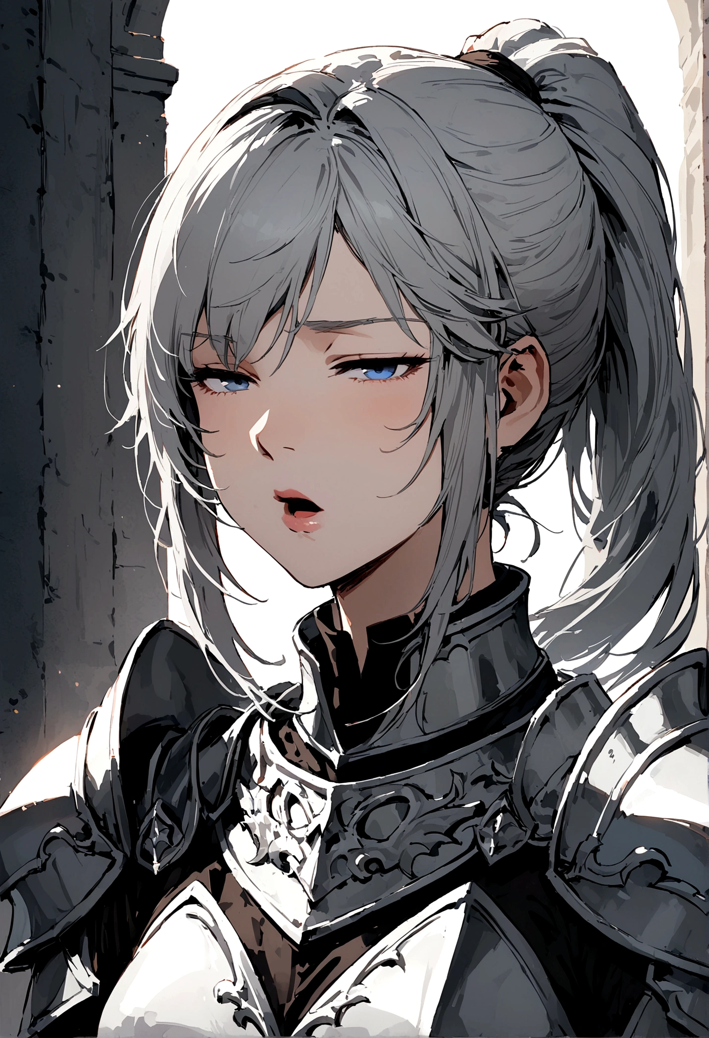 Beautiful girl knight in armor, Gray Hair, tsurime, fantastic, Face your body forward like a certificate photo, shoot from front, Ponytail, Armor Girl, beautiful female knight, Female Paladin, pale blue eyes, narrowed eyes squint, Talking mouth, upper body shot, draw all of the upper body