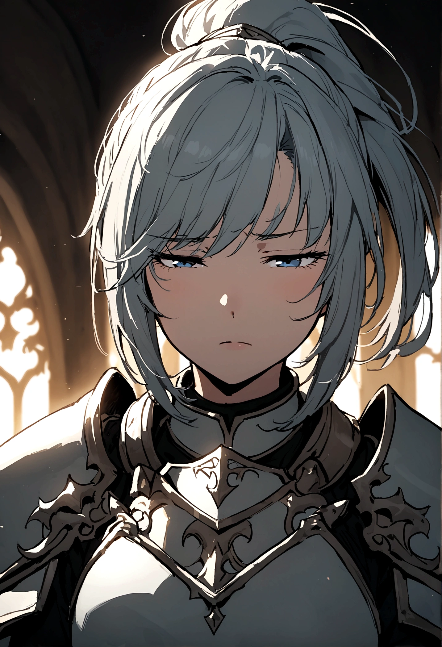 Beautiful girl knight in armor, Gray Hair, tsurime, fantastic, Face your body forward like a certificate photo, shoot from front, Ponytail, Armor Girl, beautiful female knight, Female Paladin, pale blue eyes, narrowed eyes squint, Talking mouth, upper body shot, draw all of the upper body