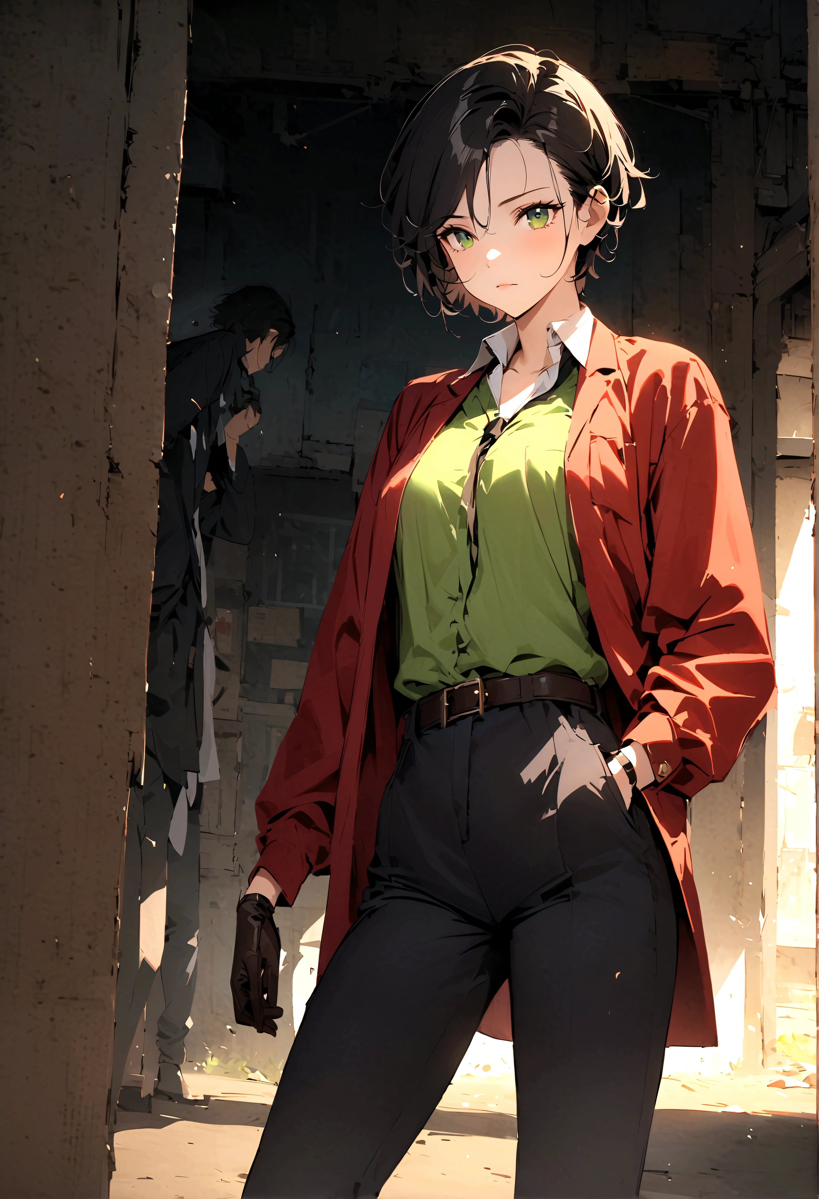 (Score 9、Score 8 up:1.1)、Score 7 up、masterpiece、、MeursaultLimbueursaultSinner、solo、short hair、shirt、Black Hair、gloves、Long sleeve、1 female、Mouth closed、Green Eyes、白いshirt、Female Focus、tie、黒gloves、襟付きshirt、belt、pants、Best、formal、赤tie、Hands in pockets、黒Best、I slicked my hair back.