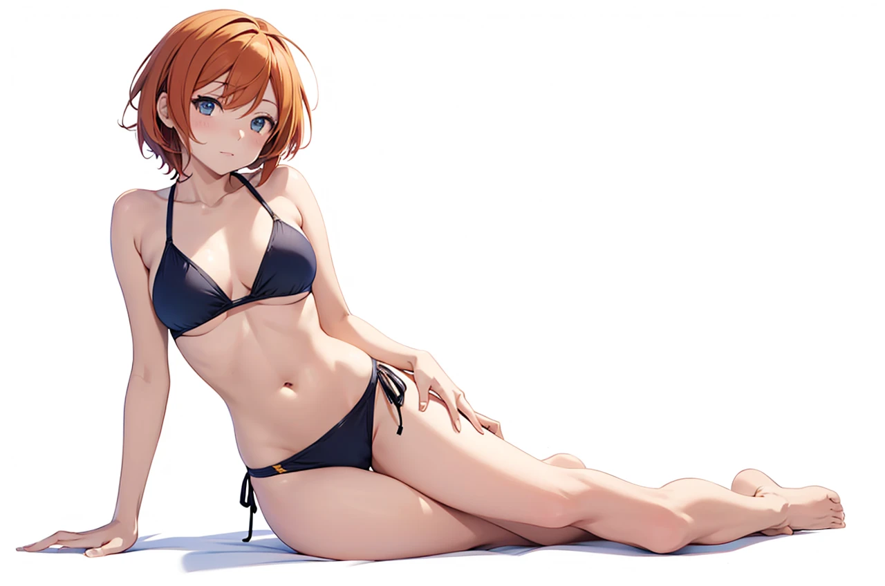 Rin hoshizora 
  in a bikini laying down on her side with her arm for support poseing 
