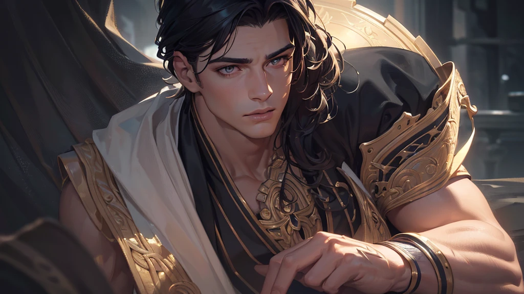 A handsome young man, beautiful detailed eyes, beautiful detailed lips, extremely detailed face, longeyes, strong jawline, muscular build, athletic physique, (best quality,4k,8k,highres,masterproject:1.2),ultra-detailed,(realistic,photorealistic:1.37),portrait, oil painting, dramatic lighting, cinematic, dark moody colors, chiaroscuro