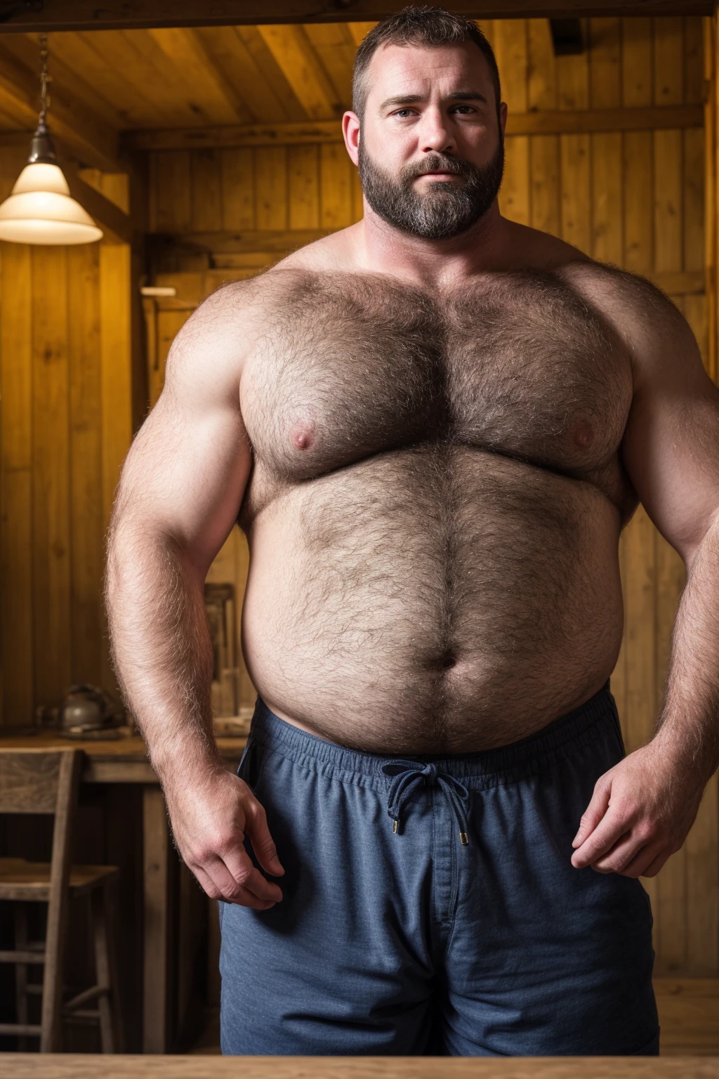 8KUHD HDR Very Extremely Realistic Very Detailed High Quality Create a professional studio-style Very Real photograph featuring a middle-aged daddy rugged muscle bears man , burly, very hairy, very beared big daddy muscle bear, and very realistic detailed rugged burly man and his husband in shorts. Very Realistic detailed shorts, very realistic hair, very realistic beards, very realistic thick chubby neck, very realistic neck lines, very realistic detailed neck, very realistic belly, very realistic burly chest, very realistic detailed hairy burly strong chest and arms, very realistic detailed hairy burly strong chest and arms, very realistic pecs, very realistic burly muscle bear body, very realistic nipples, very realistic burly muscle bear body, very realistic face, very realistic detailed face, very realistic eyes, very realistic detailed eyes, very realistic pupils, very realistic detailed pupils, very realistic nose, very realistic ears, very realistic facial features, very realistic burly arms, very realistic elbows, very realistic hands, very realistic pecs, very realistic belly, very realistic human man body, very realistic bellybutton, very realistic wrists, very realistic fingers, very realistic fingernails, very realistic shoulders, very realistic mouth, very realistic lips, very realistic detailed skin, very realistic skin, very realistic mens clothing, very realistic detailed mens clothing. Very Realistic Hairy Bearded Burly Muscle bear Photoshoot, A very realistic burly muscle bear man in a Far, in a very realistic romantic and virile Farm scene. Very Realistic Intricately Detailed, Utilize all appropriate realistic lighting techniques for studio photography" very realistic detailed Farm surroundings, very realistic surroundings lighting, No Deformities, captured with a 85mm lens by a world famous photographer, Very Ultra Realistic and Very Realistic Photograph, Clear HDR Quality full with very realistic real details