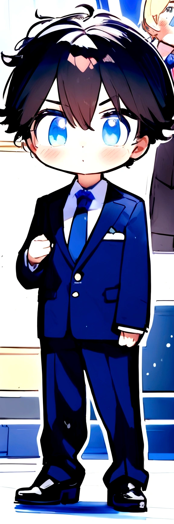 anime boy in a suit and tie standing in front of a bus, he is wearing a suit, wearing suit and tie, wearing a suit and tie, blue suit, in a suit, wearing a suit and a tie, wearing business suit, in his suit, suit and tie, joe biden as a jojo character, wearing a business suit, wearing suit, wearing a suit