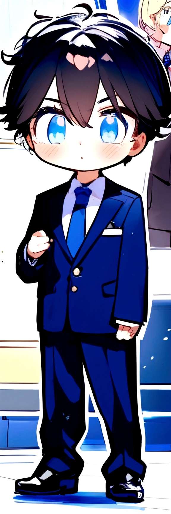 anime boy in a suit and tie standing in front of a bus, he is wearing a suit, wearing suit and tie, wearing a suit and tie, blue suit, in a suit, wearing a suit and a tie, wearing business suit, in his suit, suit and tie, joe biden as a jojo character, wearing a business suit, wearing suit, wearing a suit
