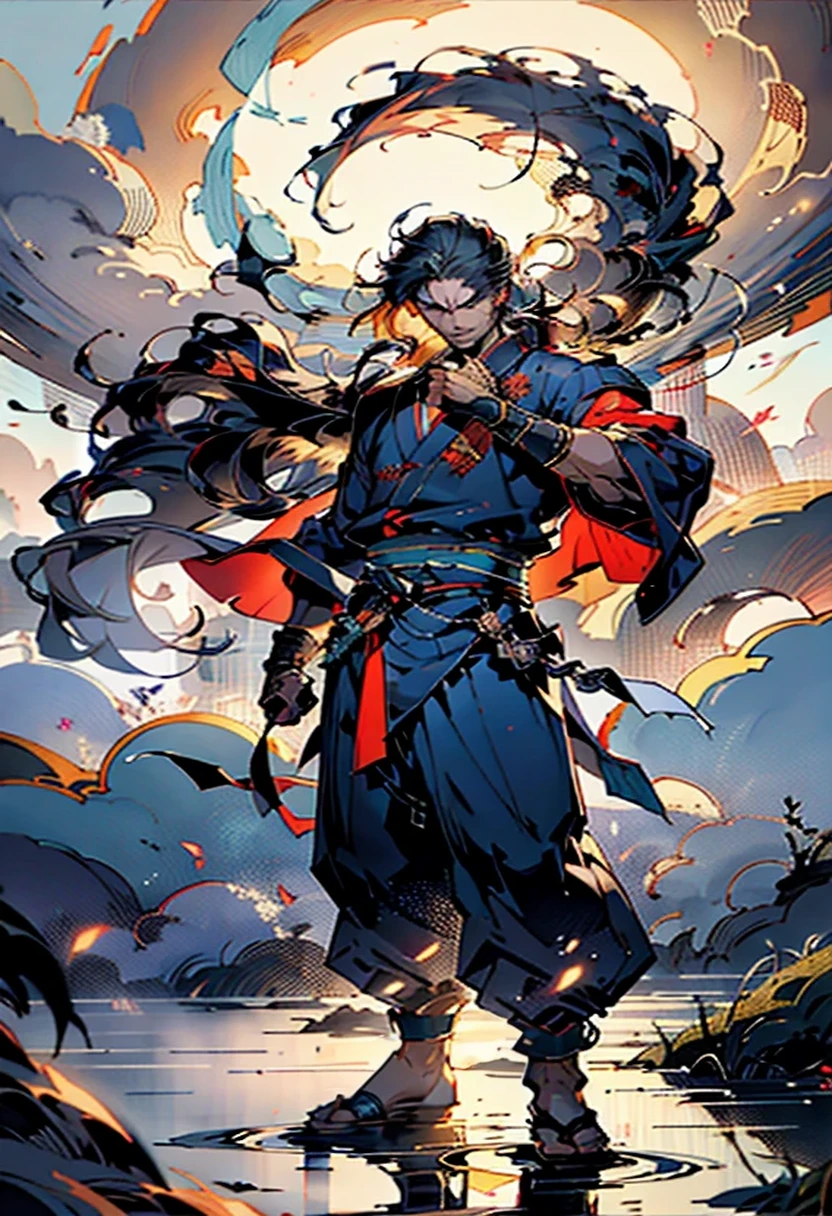 A man with disheveled long hair, a cascade of unruly locks, a handsome countenance, a carefree expression, tall and slender, wears a light-colored Chinese-style undershirt, over which he layers a loose dark-colored long daoist robe, long and wide sleeves, wears dark pants, surrounded by colorful clouds and mist, stands amidst a colorful sea of clouds and mist, this character embodies a finely crafted fantasy-style Chinese martial artist character in anime style, characterized by an exquisite and mature manga illustration art style, high definition, best quality, highres, ultra-detailed, ultra-fine painting, extremely delicate, professional, anatomically correct, symmetrical face, extremely detailed eyes and face, high quality eyes, creativity, RAW photo, UHD, 8k, Natural light, cinematic lighting, masterpiece:1.5