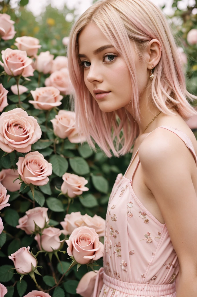 8k, RAW photo, Fujifilm, style photo of a beautiful young woman as avril in a garden of light pink roses (highly detailed skin: 1.2) Style-Petal BREAK short hair, blonde hair with colored locks, wearing a dress, film granulation, 35mm, cute style